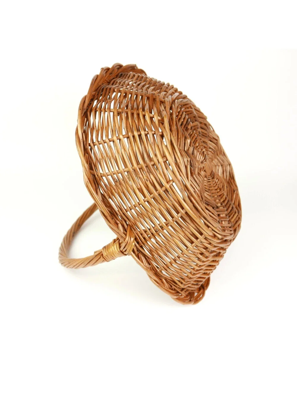 Vintage Wicker Gathering Basket Braided Woven Harvest Handle Mid-Century 12